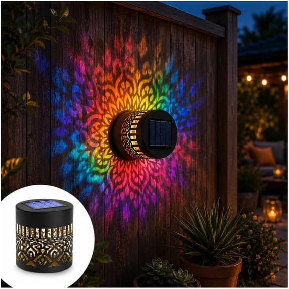 Solar Mandala Wall Light Projector, 7-Color Metal Fence Lamp, Waterproof Outdoor Garden Decor for Patio, Deck & Backyard