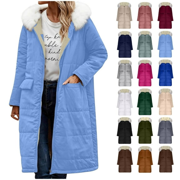 Winter Jacket Coats for Women Long Winter Coat Puffer Jacket with Detachable Hood and Pockets Fleece Lined Long Fluffy Parka Warm Outwear for Fall and Winter Light Blue XL