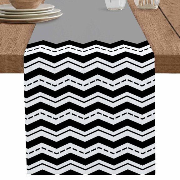 nqOlkjepod Black Chevron Table Runner 70 Inches Long Farmhouse Dress Scarves, Geometric Grey Print Wavy Striped White Dining Tablerunner for Coffee Table/Kitchen Island/Party Décor, 13" x 70"