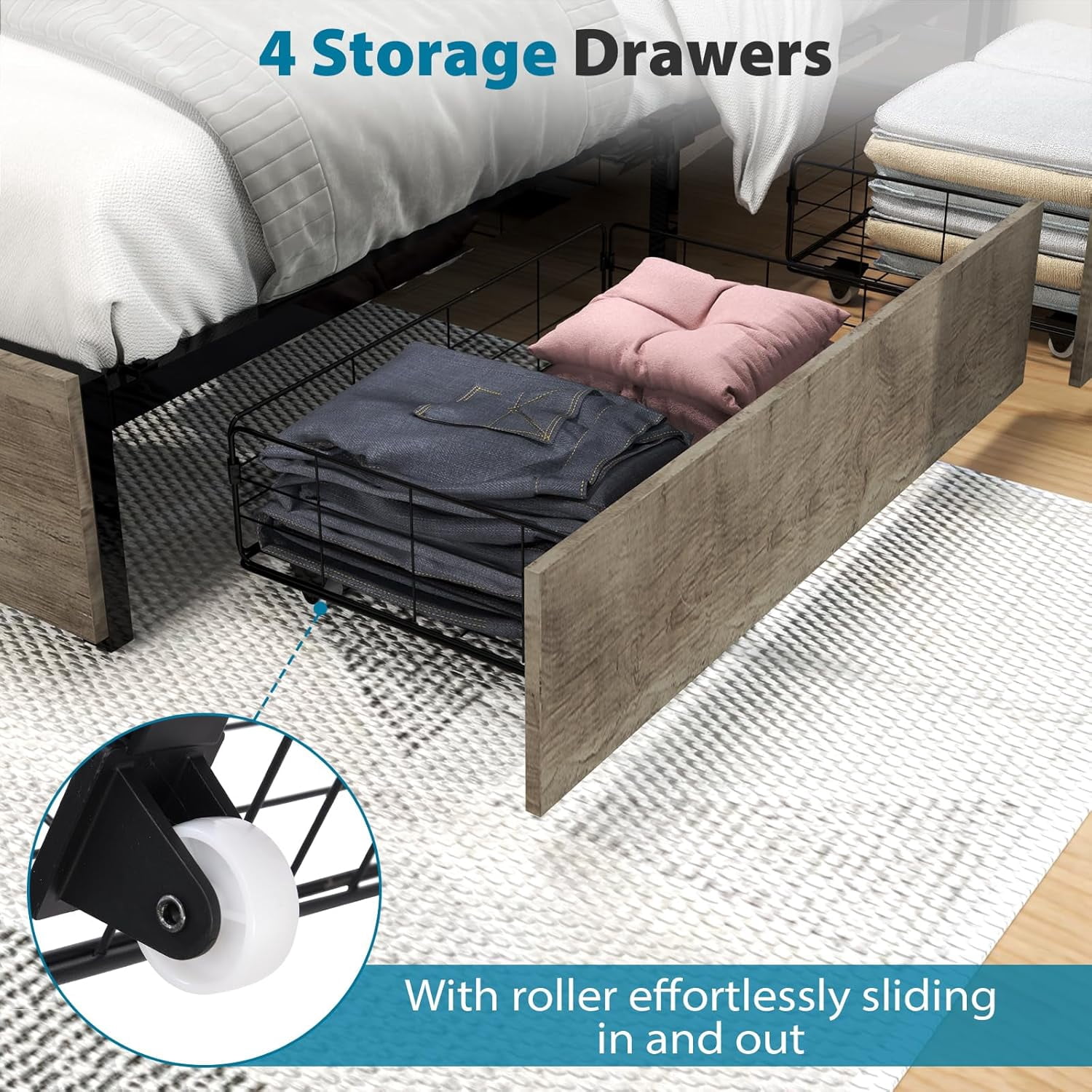 AENKYO Full Size Bed Frame with LED Lights and Charging Station, and 4 Drawers, Rustic Gray