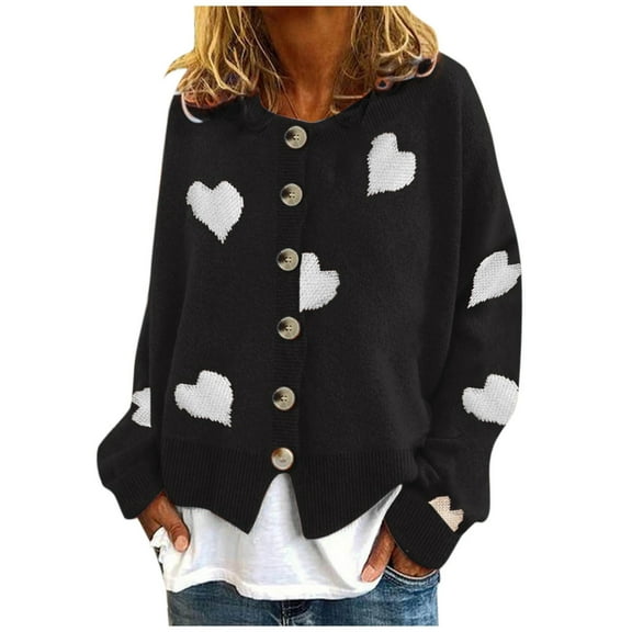 Women Cardigan Heart-shaped Embroidered Knit Sweater Slim O-neck Long Sleeve Sweater Outfits Clothes