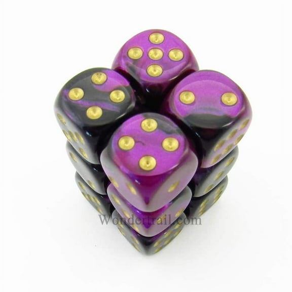 Black and Purple Gemini Dice with Gold Pips D6 16mm (5/8in) Pack of 12 Chessex