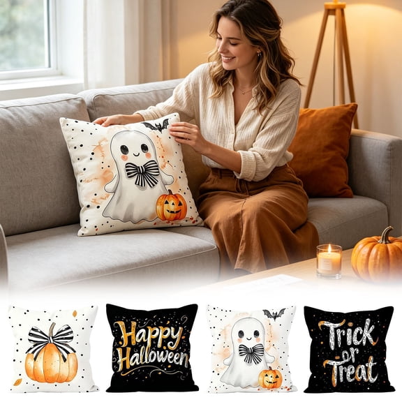 Halloween Pillow Covers 18x18 Ghost Pumpkin Digital Print Throw Pillow Cases, Spooky Decorative Cushion Covers for Couch Sofa Bedroom, Soft Polyester Halloween Decor by OVFUIZ