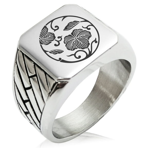 Stainless Steel Ivy Branch Kamon Crest Geometric Pattern Biker Style Polished Ring