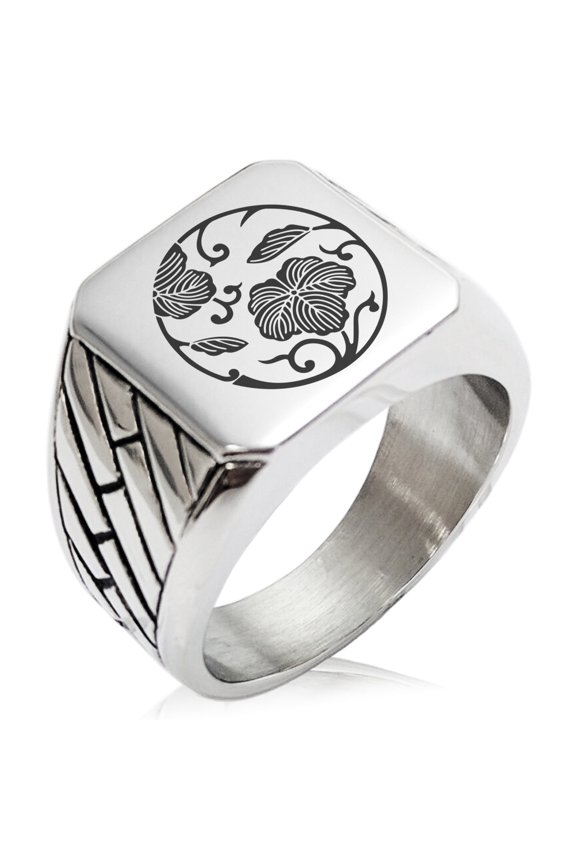 Stainless Steel Ivy Branch Kamon Crest Geometric Pattern Biker Style Polished Ring