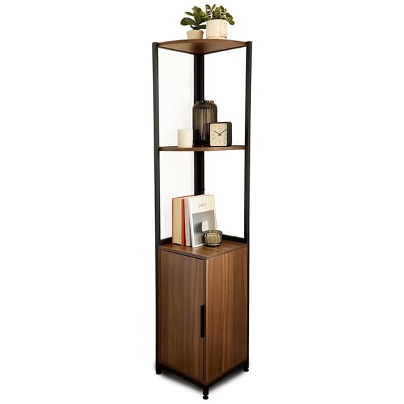 Corner Shelf Tower with Cabinet - 65" Rustic Brown Bookshelf, Plant Stand, Home & Office Storage