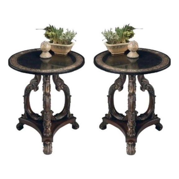 Home Square Round Fossil Stone Top Accent Table in Heritage - Set of 2