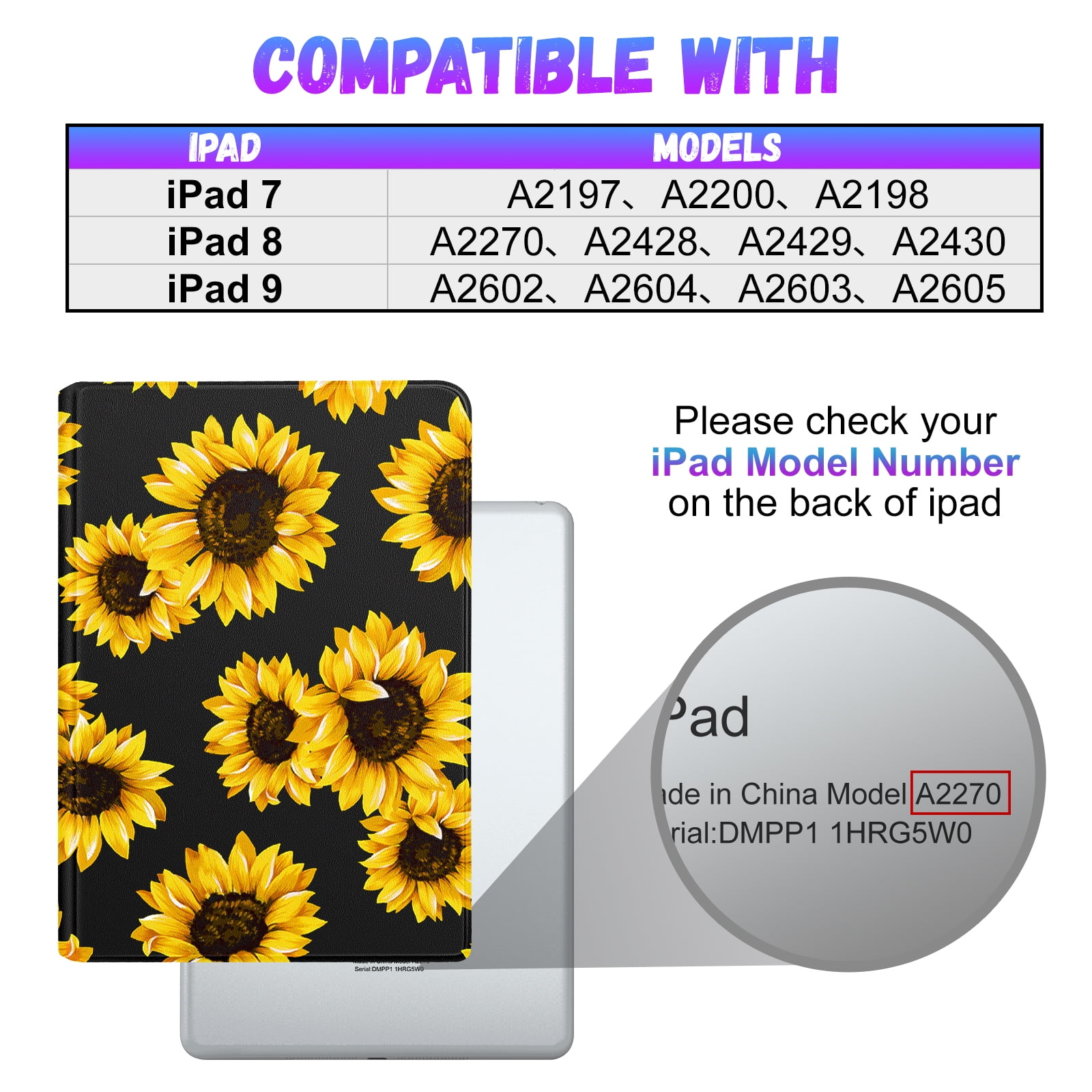 Gemfits Case for iPad 7/8/9 - Flexible Soft TPU Stand Back Cover with Pencil Holder, Auto Sleep/Wake, Sunflower_Leopard