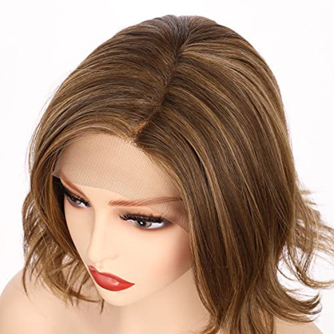 Onedor 10 Inch Side Part Lace Front Short Wavy Hair Bob Wigs for Women (Light Brown Evenly Blended with Dark Natural Blonde)