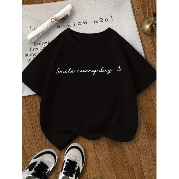 Girls' Summer T-Shirt | Cotton | Casual Round Neck with 'Smile Every Day' Print | Machine Washable | Ideal for Outdoor Activities | Ages 7-14, Summer Clothing | Playful Graphic Tee | Soft Knit Fabric