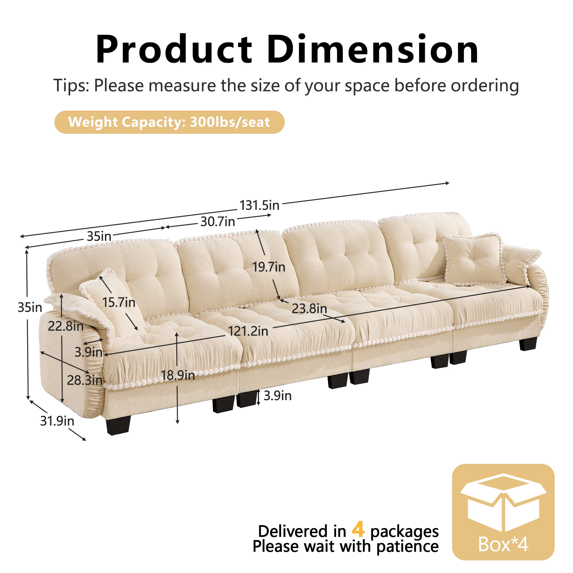 Anpport 131" Chenille Cloud 4‑Seater Sofa with 4 Pillows, Pom‑Pom Trim, Quilted Tufted Ergonomic, Easy Assembly Deep Seat for Living Room Apartment, Cream