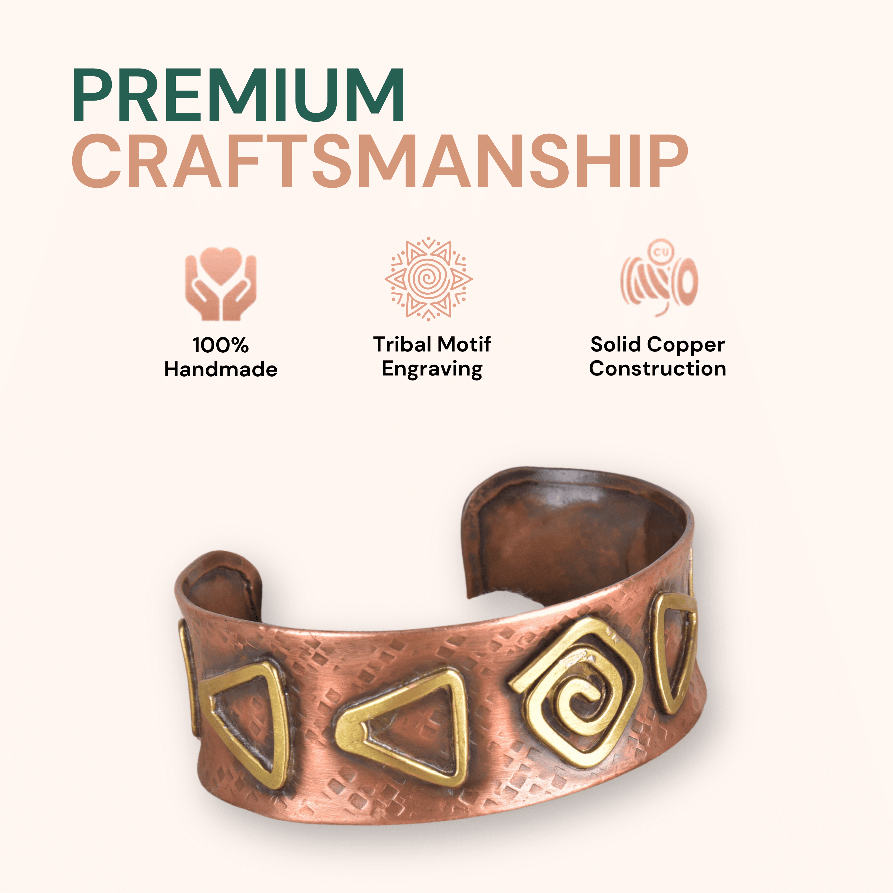 Vivanta Copper Bracelet for Men & Women – Handmade Copper Cuff Bracelet Jewelry with Brass Geometric Inlays, Adjustable Open Cuff, Tribal Spiral & Triangle Vintage Style Rustic Hammered Artisan Gift