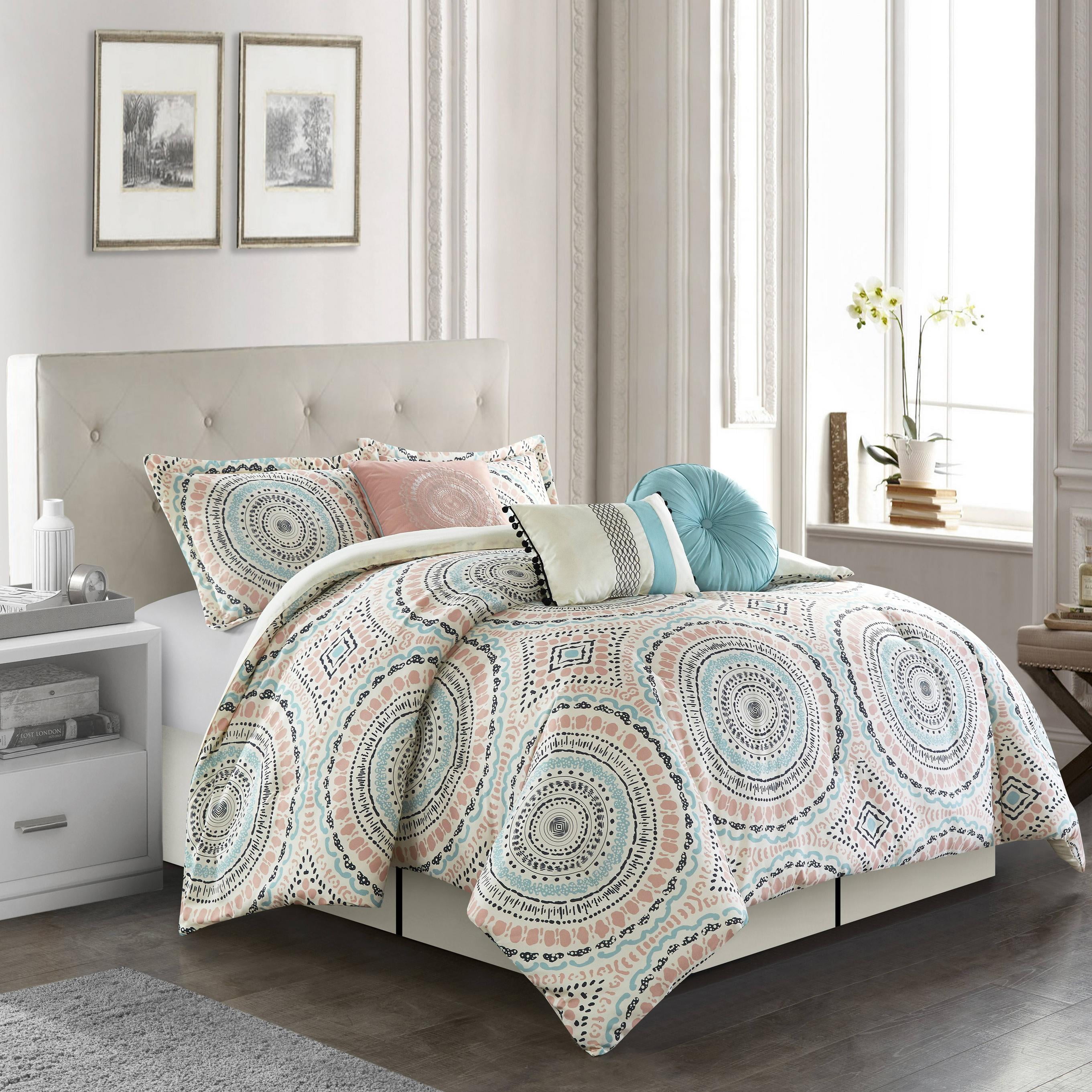 Laura 7-Piece Coral Mint Geometric Embroidered Pleated Striped Comforter Set 