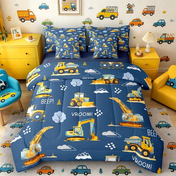 Castle Fairy Playful Construction Truck Twin Bedding Sets 7-Piece for Toddlers, Cute Excavator Crane Bedding Comforter Set for Bedroom, Navy Blue Yellow,Navy Blue Reversible