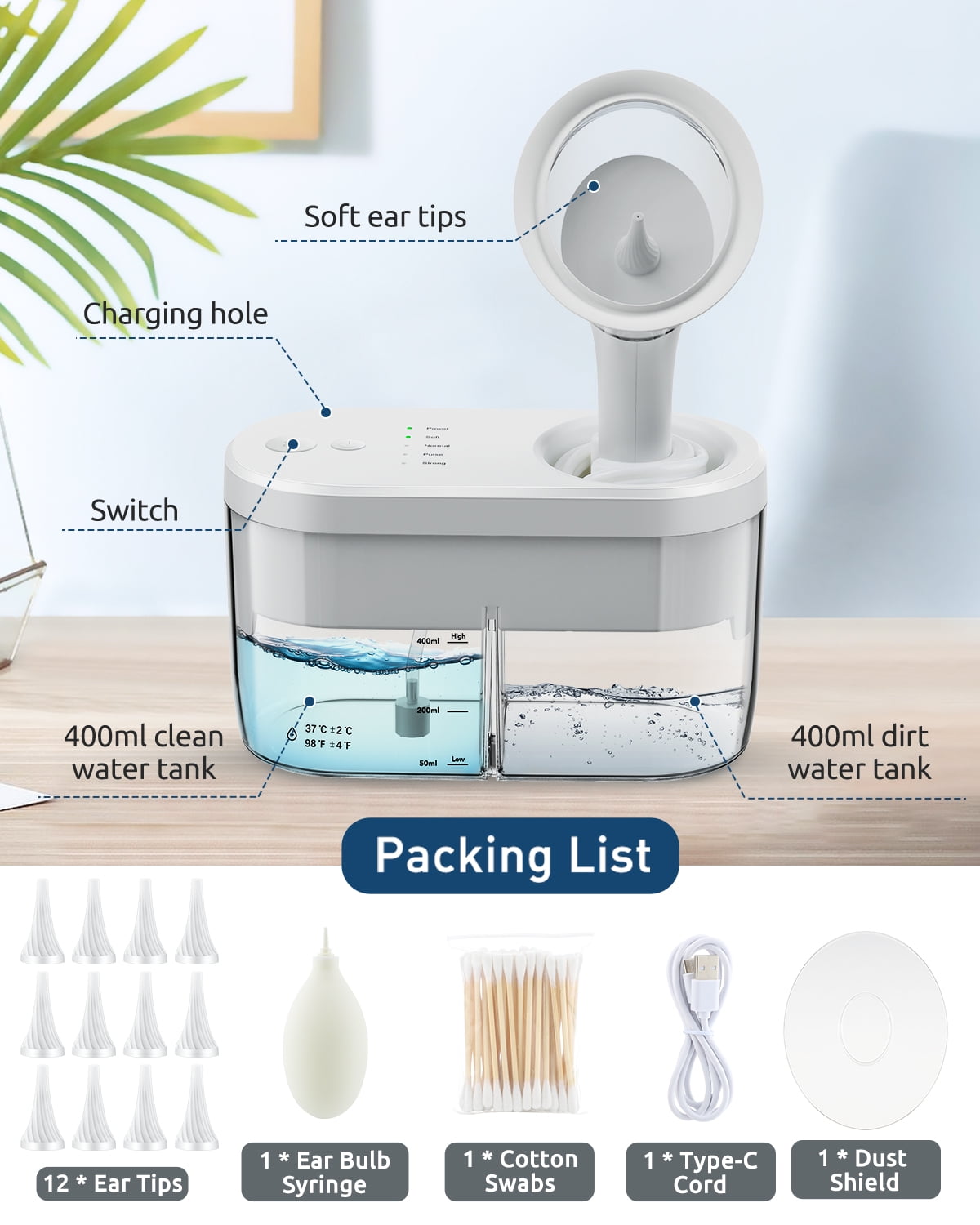 Electric Ear Wax Cleaner, Water Powered Ear Cleaner Automatic, Earwax Cleaning Removal Tool with 4 Cleaning Modes, 10min Auto Off, IPX5 Waterproof, 12 Wash Tips, 400ml Sewage & Clean Water Tank