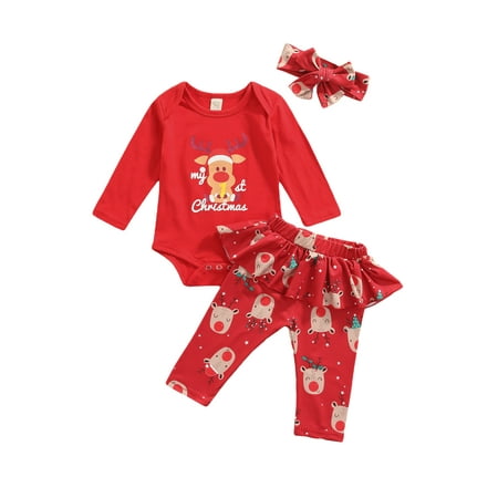 

Qiylii Baby Cartoon Elk Print O-Neck Long Sleeve Romper+Trousers+Headband