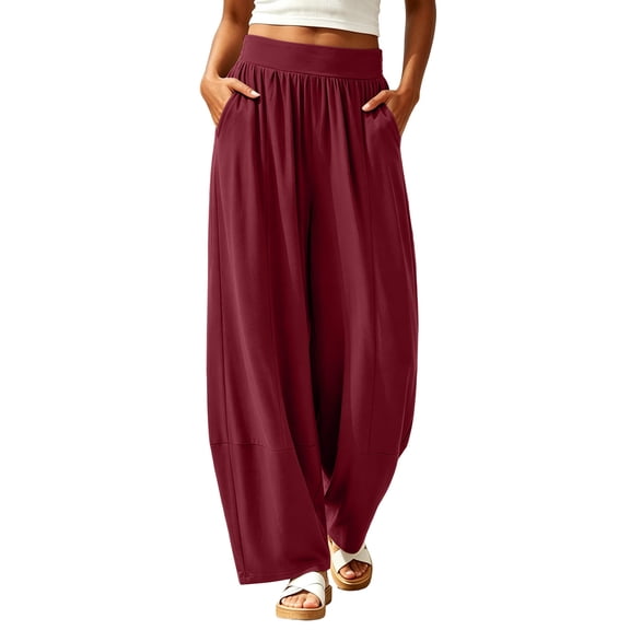 TEAJOPSUU Womens Casual Pleated Wide Leg Pants with Pockets Flowy High Waisted Elastic Palazzo Pants Comfy Soft Solid Color Trouses Burgundy
