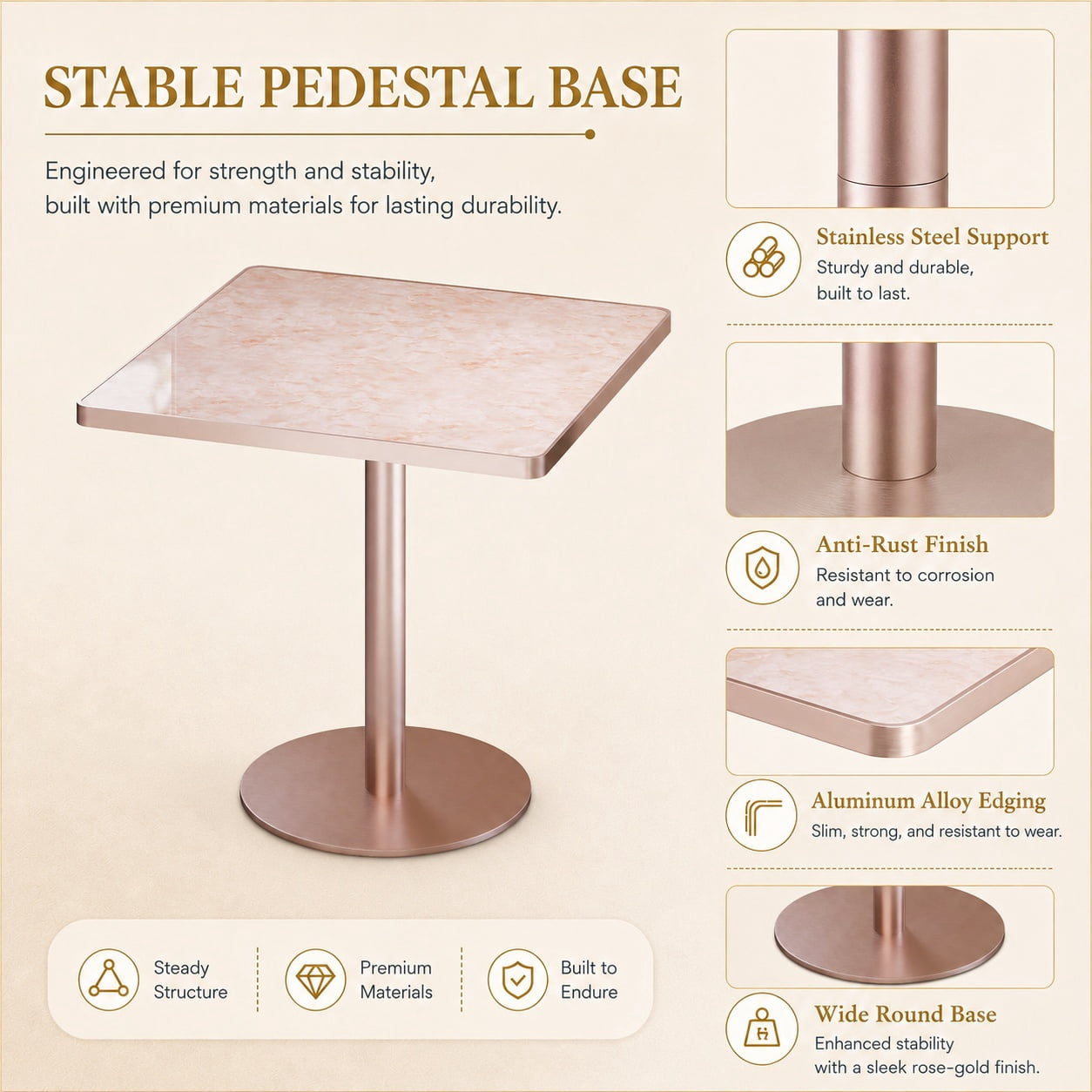 Aukfa 31.5" Square Dining Table for 2-4, Marble-Look Sintered Stone Top, Rose Gold Pedestal Base, Small Spaces,Blush Pink