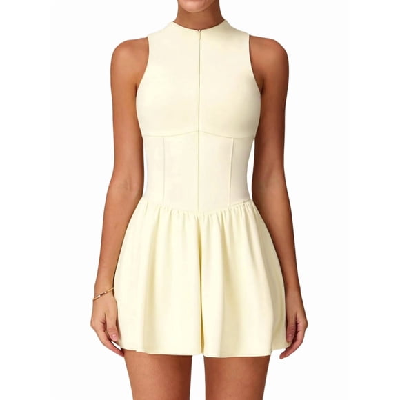 Womens Tennis Golf Dress with Built-in Bra Shorts Zipper Slim Fit A-Line Hem Skirt Athletic with Pockets Yellow S