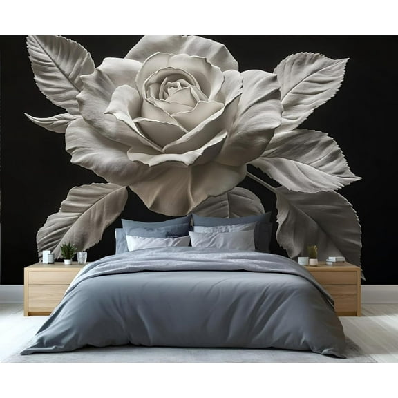 Stereo Relief Roses Wall Mural, Embossed Flowers And Leaves 3D Wallpaper Mural, Nordic Modern Luxury Art Wall Murals Wallpaper For Woman Bedroom Bedside Living Room 55"W x 28"H (Not Peel and Stick)