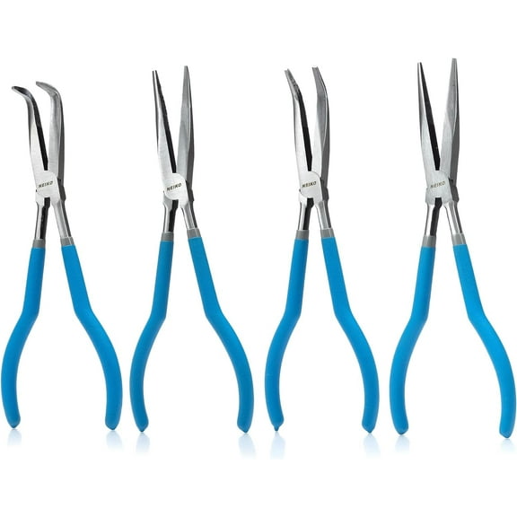 NEIKO 02105A (4) Long Nose Plier 11” Long Reach, Straight, Angle, Curved Pliers, 45 & 90 Degree, bent Head Needle Nose Pliers Set for Mechanics, Long Handle Pliers