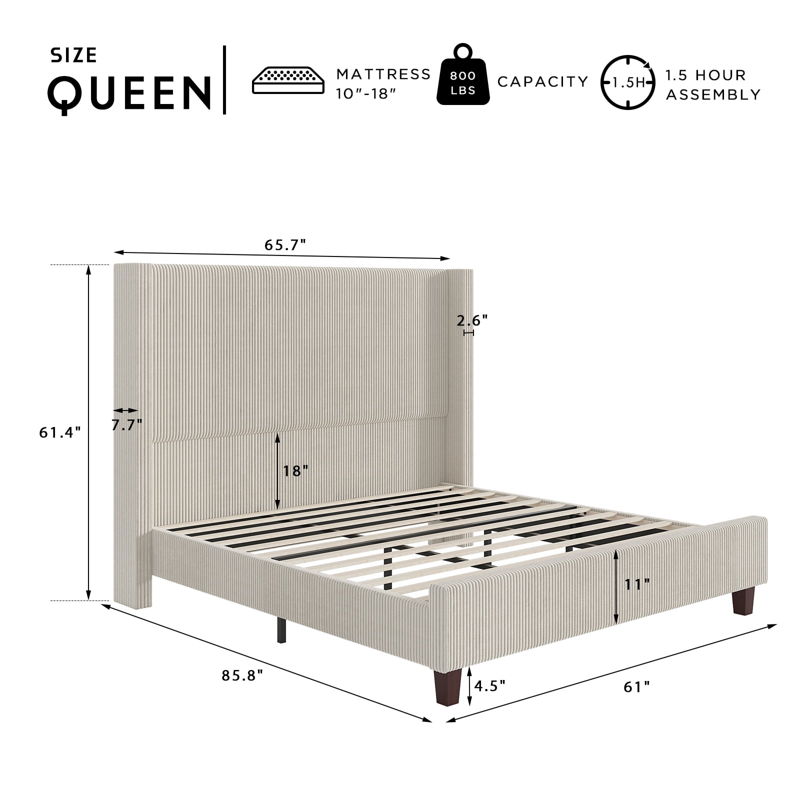 VanAcc Queen Size 61" Corduroy Upholstered Bed Frame with Vertical Stripe Wingback Headboard/Cream