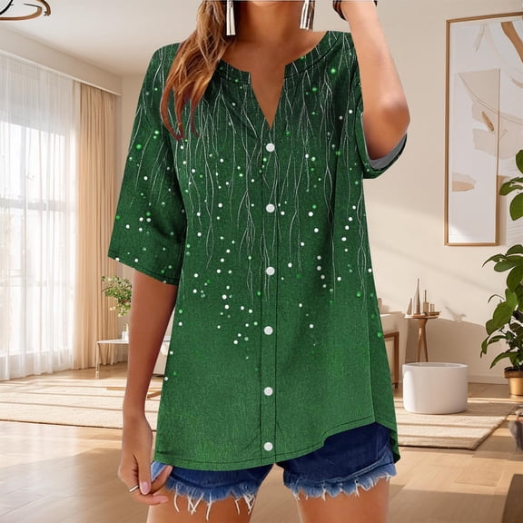 Odbmxy Womens Shirts Plus Size Summer V-Neck Elbow-Length Women Tops Button up Vintage Casual Loose Cardigan Graphic Green Tops