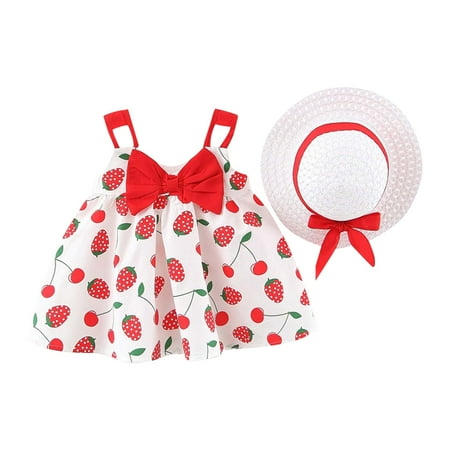

Summer Savings Clearance! Edvintorg Summer Toddler Girl Baby Beach Dresses Cute Bow Printed Sleeveless Cotton Newborn Princess Dress+Sunhat Kids Clothing Dress