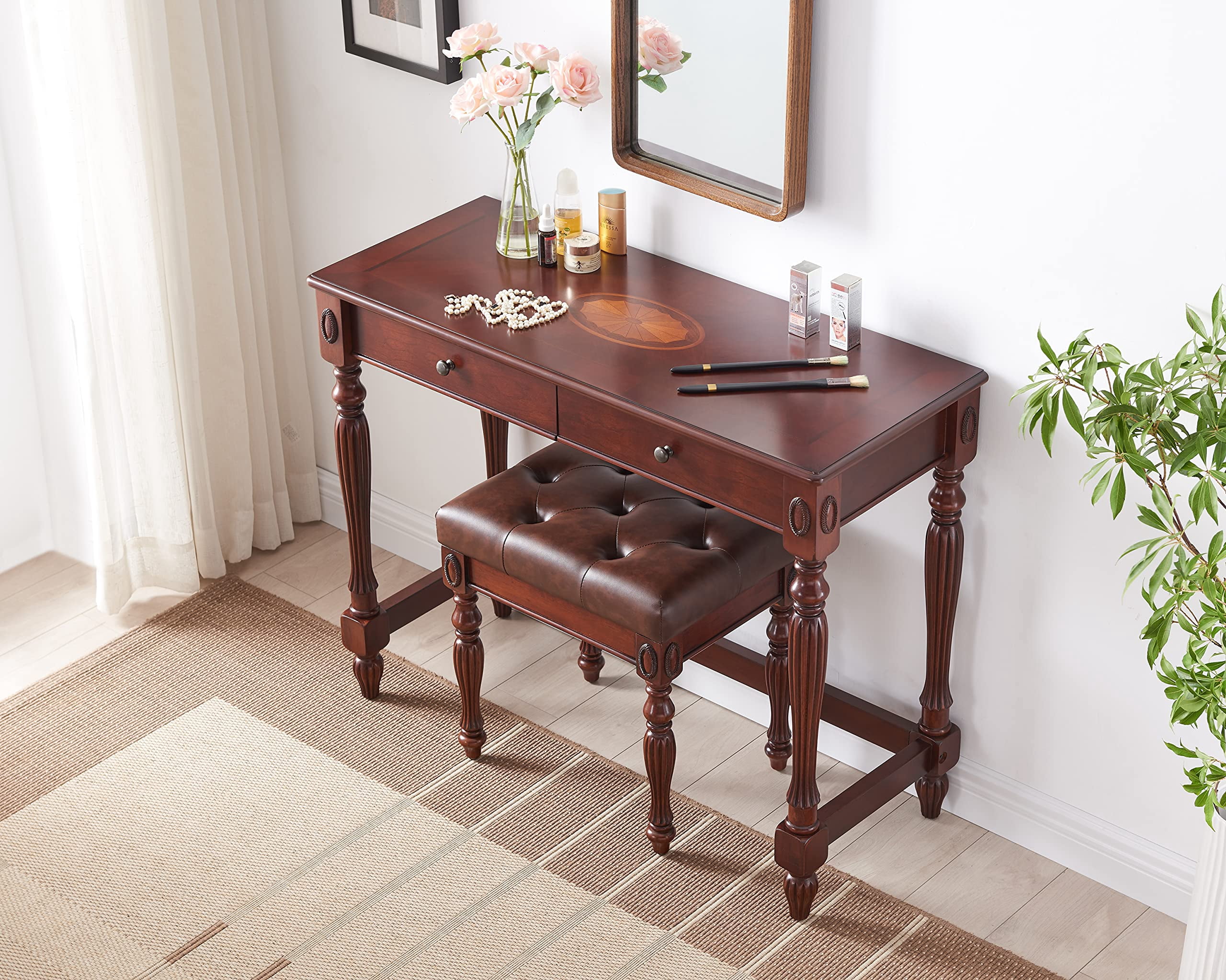 JESONVID Solid Wood Computer Writing Desk with 2 Big Drawers 39.4" Wide Home Office Desk Workstation Small Rustic Study Table Furniture in Cherry for Home Office Bedroom Living Room, SSZ-1533WD