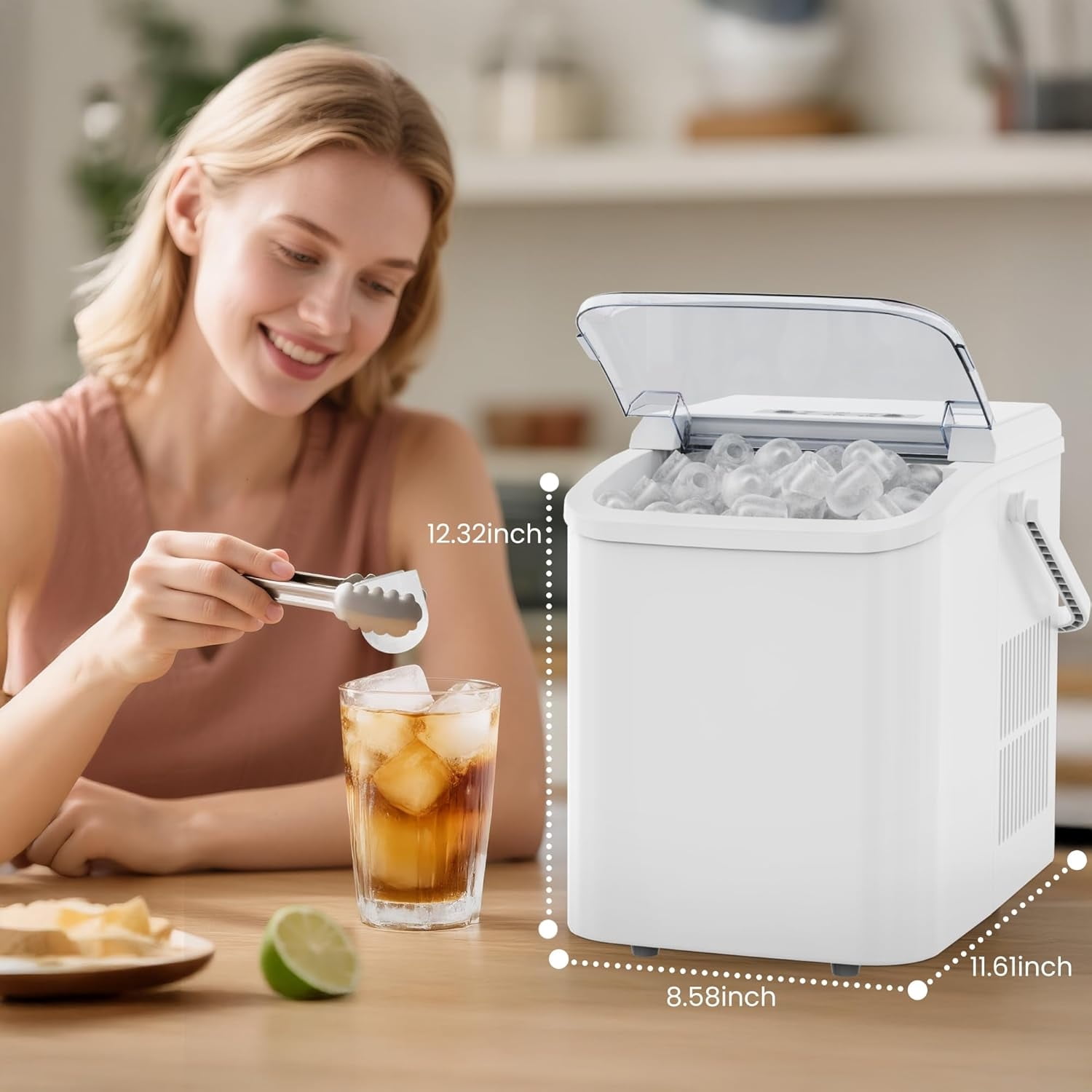 Countertop Ice Maker with Handle, 6 Bullet Ice Cubes in 9 Mins, 24lbs/26.5Hrs, Portable Ice Machine for Home, Kitchen, RV, Camping