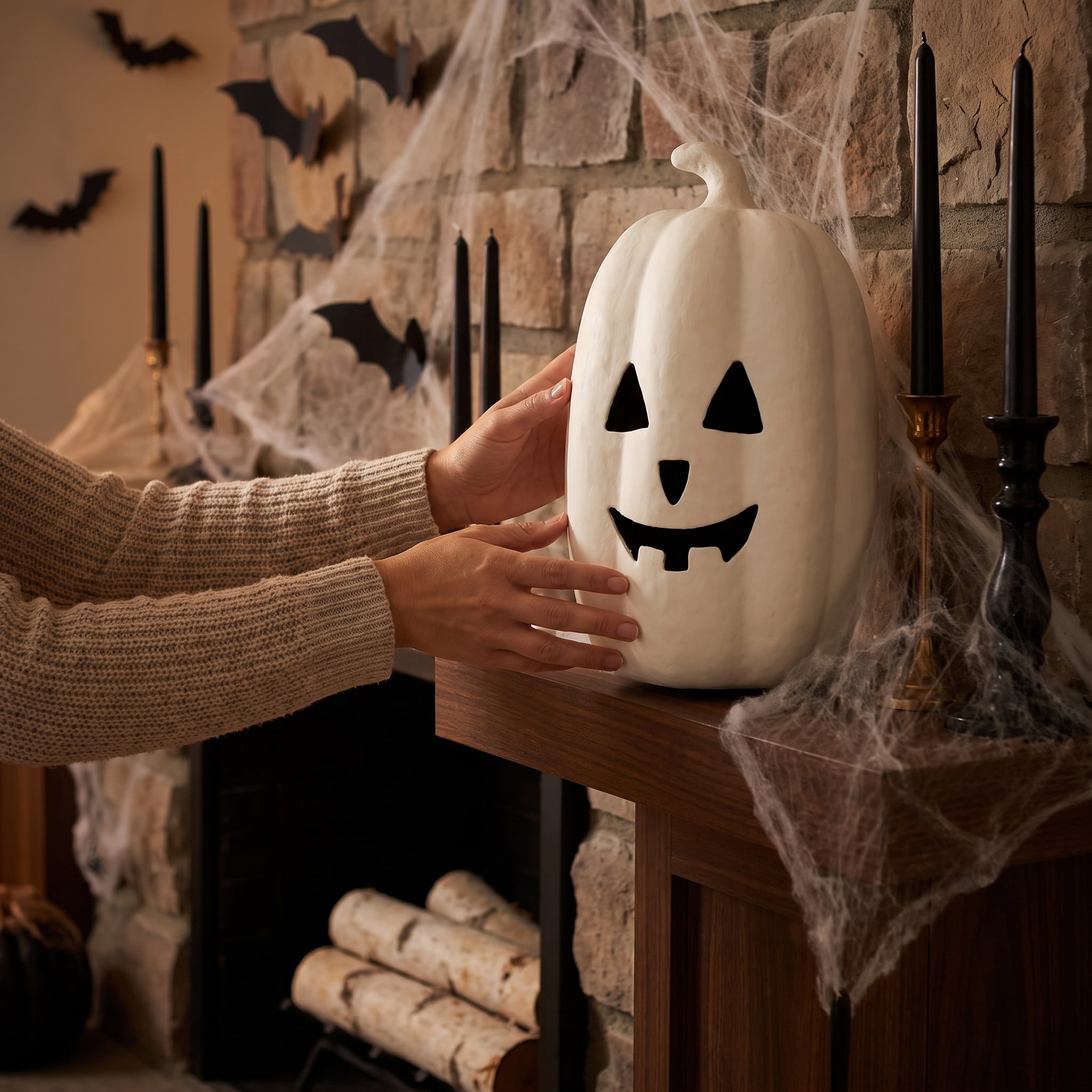 Paper Mache Jack-o'-Lantern Decoration, White, 12.6", Halloween by Way To Celebrate