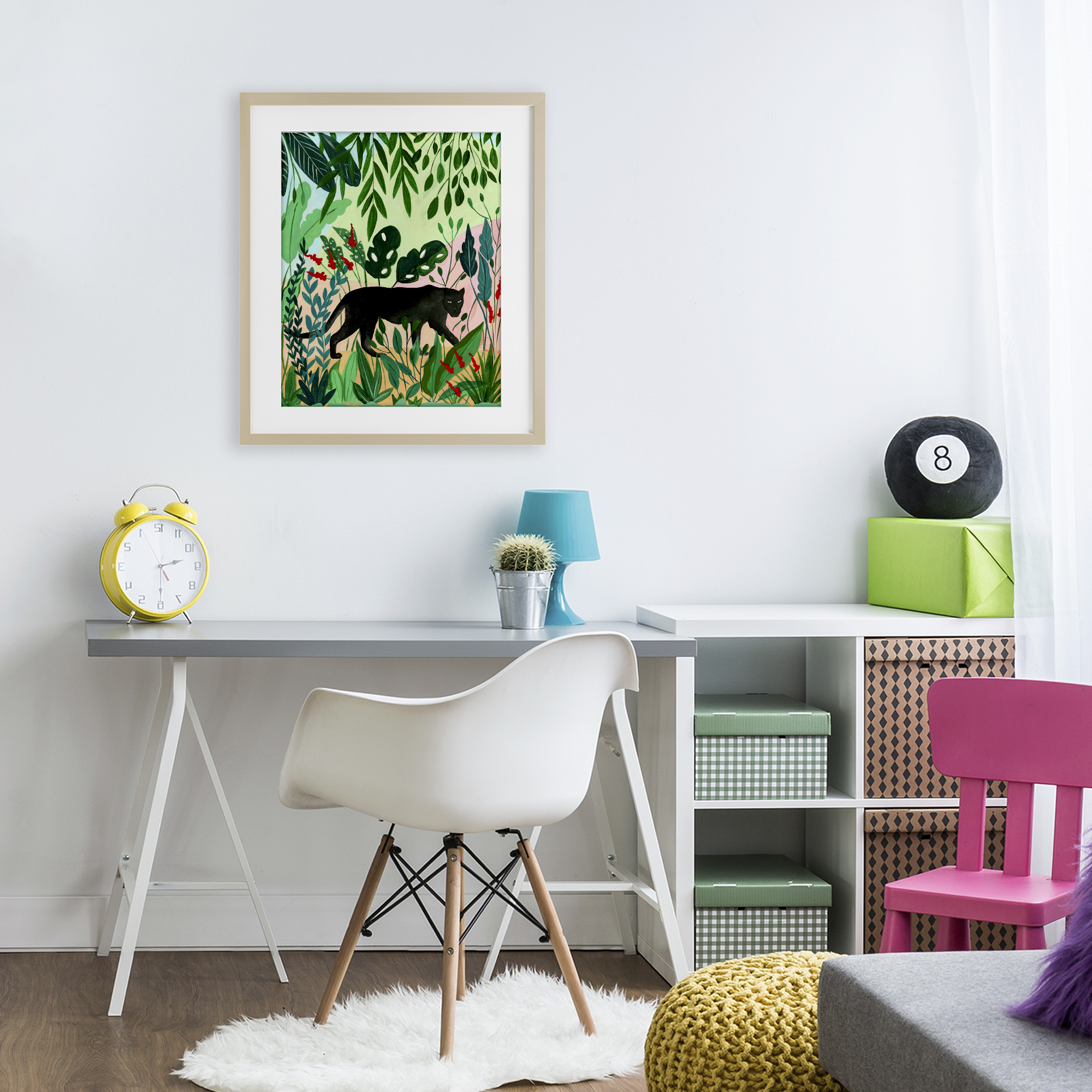 Stoic Panther Tropical Forest Birch Framed Print Under Glass, design by Nabeela Rumi