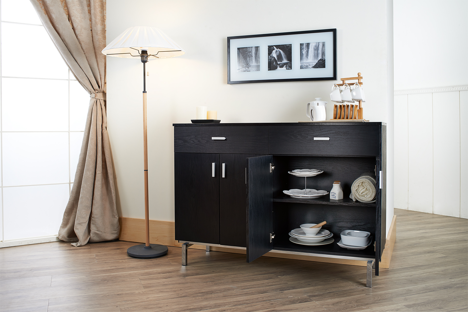 Furniture of America Jordan Modern Wood Multi-Storage Sideboard Buffet, Black, Chrome