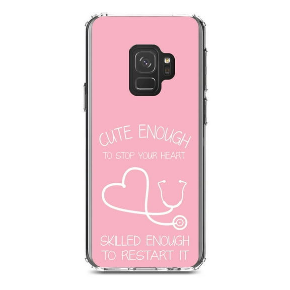 DistinctInk Clear Shockproof Hybrid Case for Samsung Galaxy S9 (5.8" Screen) - TPU Bumper, Acrylic Back, Tempered Glass Screen Protector - Pink Nurse Stethoscope Heart - Support for Nurses