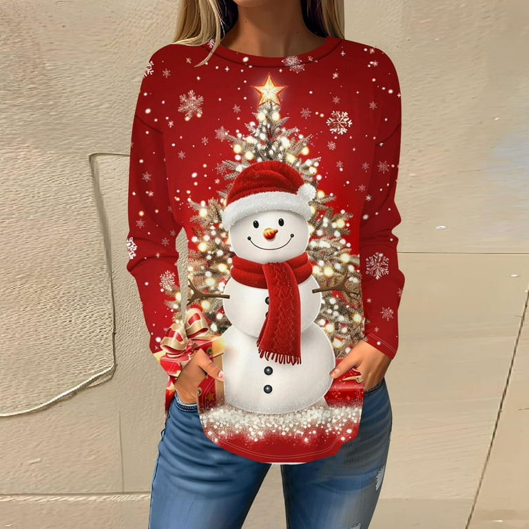 Rvkxad Long Sleeve Christmas Shirts Women Snowman Christmas Print Round  Neck Tunic Xmas Loose Fit Tops Comfy Fall Clothes Shirts T-Shirt