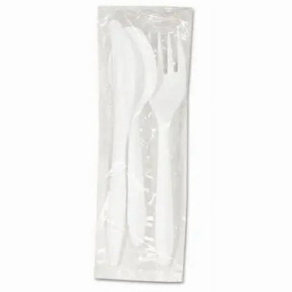 4 Pcs White Medium Weight Wrapped Polypropylene Plastic Cutlery Pack with Napkin: 10Sets