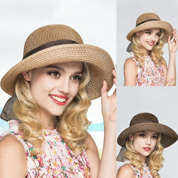 Cheers.US Wide Brim Straw Sun Hat UV Protection Foldable Beach Hat Summer Bucket Cap for Travel