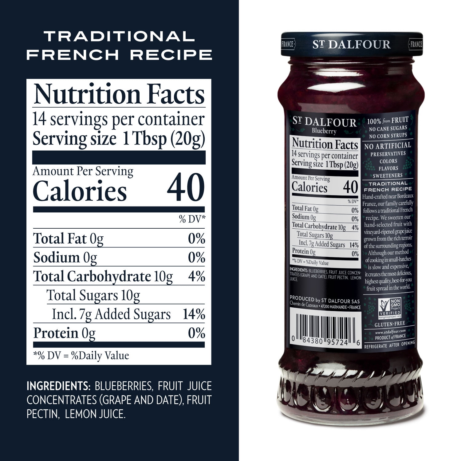 (2 pack) St. Dalfour Blueberry Fruit Spread, 100% from fruit, Vegan & Gluten Free, 10 oz Jar