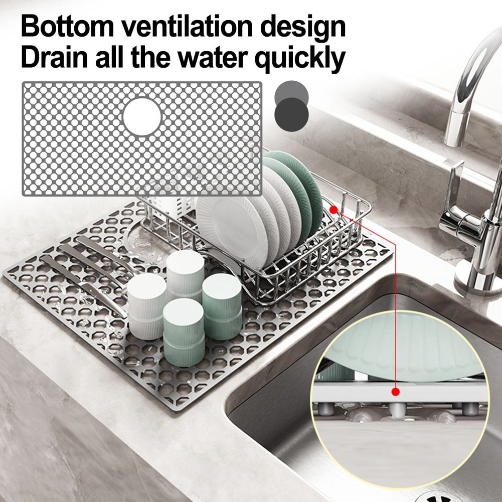Silicone Sink Mat For Kitchen Nonslip Heat Resistant Design With Center Drain