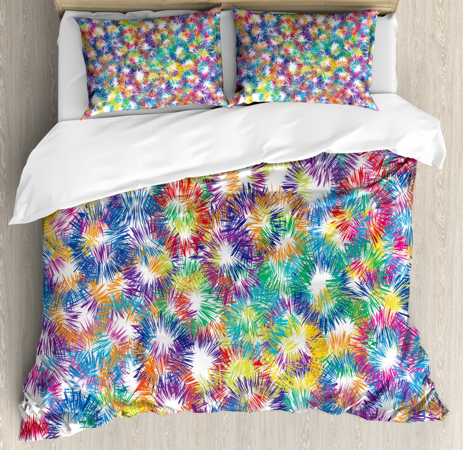 Modern Decor Queen Size Duvet Cover Set, Rainbow Colorful Geometric Abstract Image Fireworks