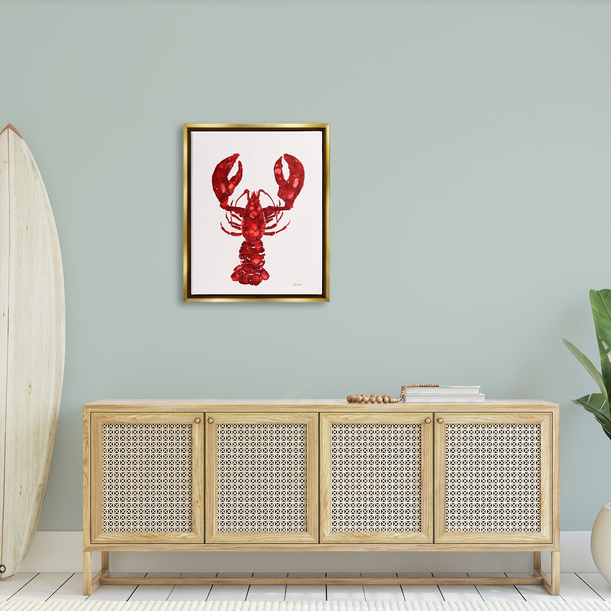Stupell Industries Red Lobster Marine Paint Speckled Watercolor Painting Metallic Gold Floating Framed Canvas Print Wall Art, Design by Patti Mann