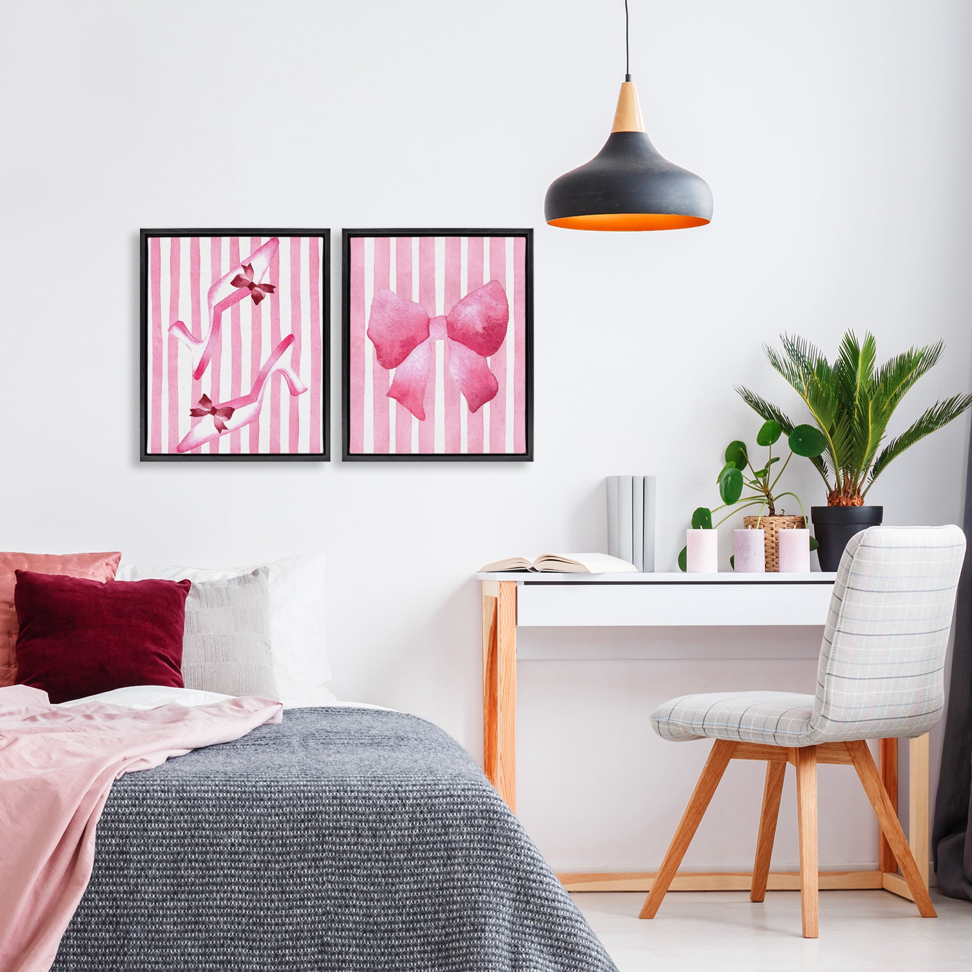 Stupell Industries Feminine Chic Bows Pink Stripes 2 Piece Black Framed Floater Canvas Set, design by Camila Juncos