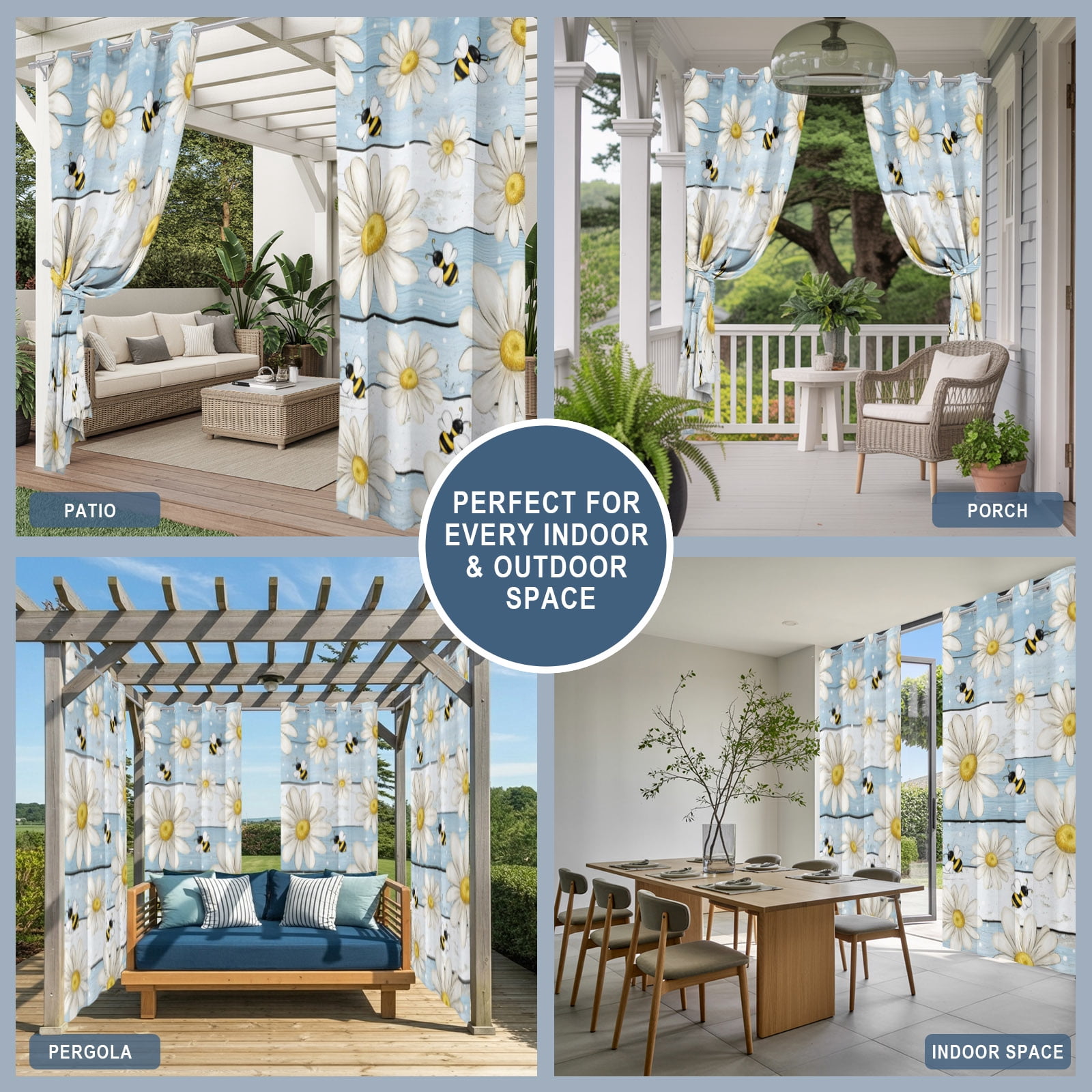 White Floral Outdoor Curtains for Patio, Vintage Daisy Farmhouse Bee Rustic Summer Blue Striped Sunshade Privacy Drapes Grommet Waterproof Outside Curtains for Porch/Cabana/Balcony 54"x 108", 1 Panel