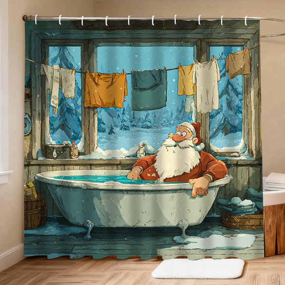 Christmas Shower Curtain Santa Claus In Bathtub Winter Snow Scenery Waterproof Fabric Bathroom Decor 71x71 inches