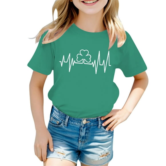 JTieacloth Imprimé St. Pat Col Rond Manches Courtes pour Filles École Décontracté Tailles 4-5 Ans