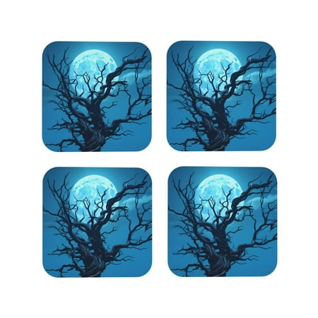 

Coasters Set of 4 - Tree Moon Night Sky Drink Coasters for Tabletop Protection Leather Coasters for Living Room Decor and Housewarming Gift Square