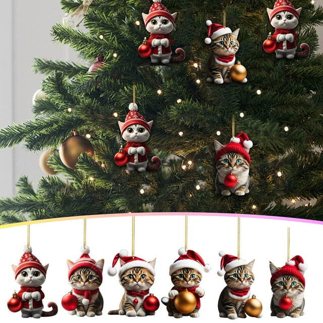 Fiudx Colgante de Gato para Árbol de Navidad, Diseño Divertido de Gato Navideño, Decoración Acrílica Colorida, Adorno para Árbol de Navidad, para Uso En Interiores y Exteriores, Juego de 6 Piezas, Re