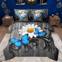 jejeloiu Cute Butterfly Daisy 7-Piece Twin Bedding Sets,Rustic Farmhouse Cabin Bedding Comforter Set,Blue Gray White Sheet Sets For Kids,Ultra Soft Home Decor Reversible