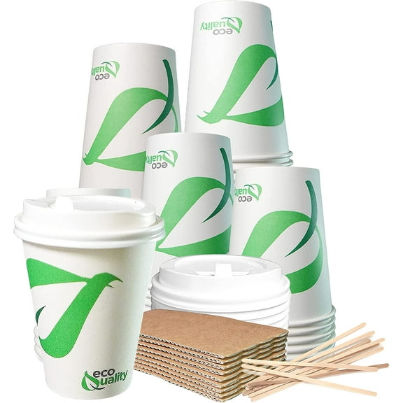 12 oz Compostable Paper Cups with White Dome Lids, Sleeves and Wooden Stirrers - Biodegradable Disposable White Paper Coffee Cups PLA Lined - Eco-friendly Hot and Cold Drinking Cups (25)