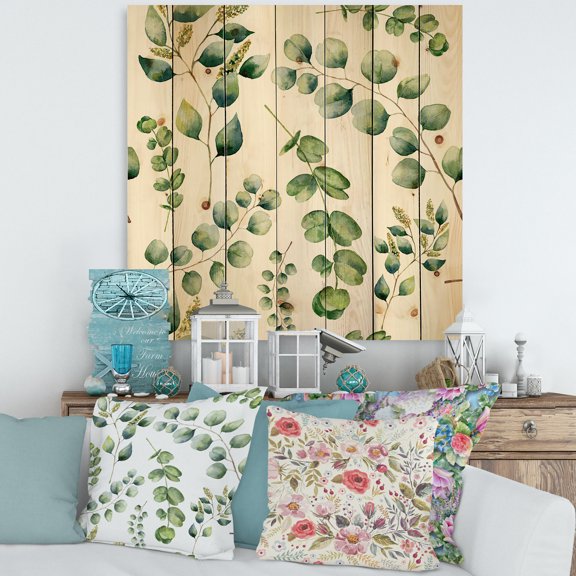Designart 'Green Eucalyptus Plant Branches III' Traditional Print on Natural Pine Wood
